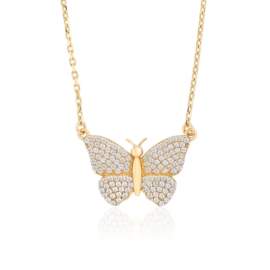14 Ayar Sarı Altın Kelebek Figürlü Taşlı Kolye