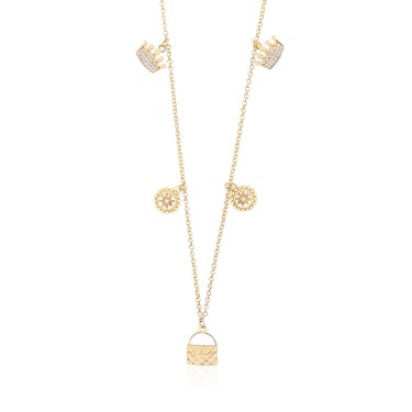 14 Ayar Sarı Altın Taç Çanta Figürlü Taşlı Kolye