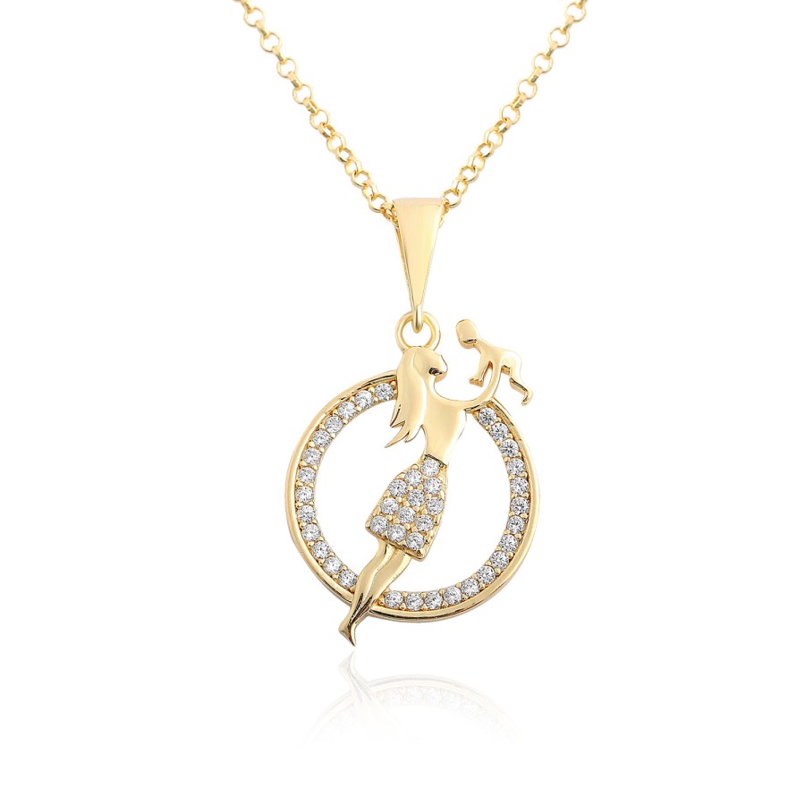 14 Ayar Sarı Altın Anne Çocuk Tasarımlı Taşlı Kolye