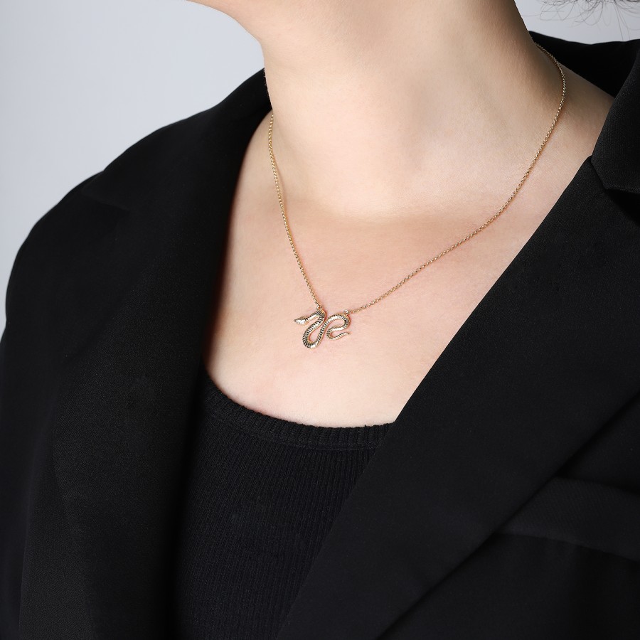 14 Ayar Sarı Altın Yılan Figürlü Pembe Taşlı Kolye