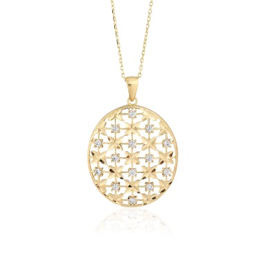 14 Ayar Sarı Altın Çiçek Figürlü Taşlı Kolye