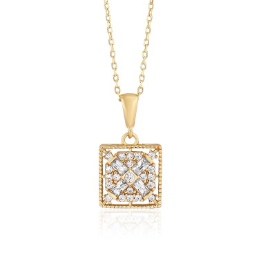 14 Ayar Sarı Altın Kare Şeklinde Taşlı Baget Kolye