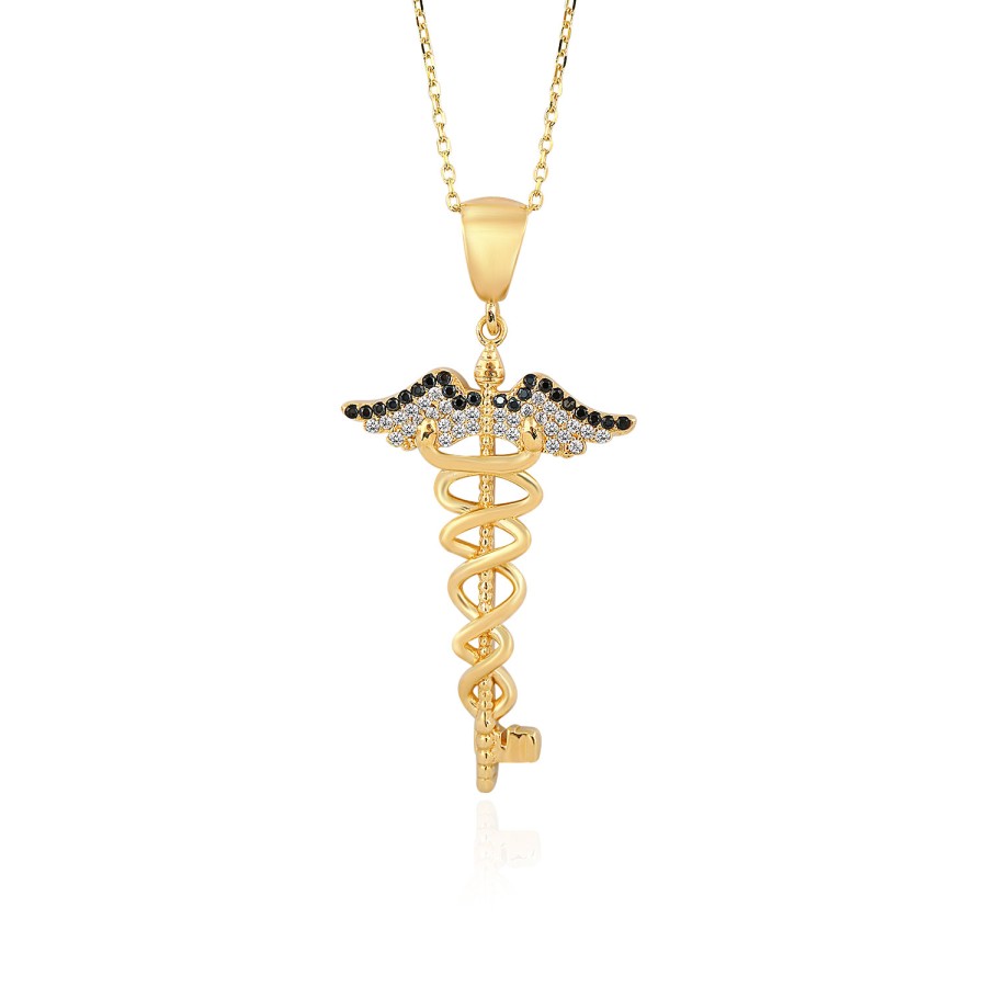 14 Ayar Sarı Altın Anahtar Kanat Figürlü Siyah Taşlı Kolye