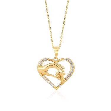 14 Ayar Sarı Altın Kalp Figürlü Anne Çocuk Taşlı Kolye