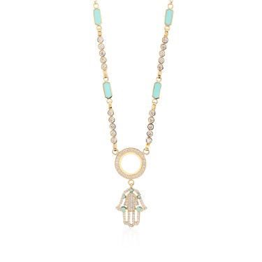 14 Ayar Sarı Altın Fatma Ana Eli Figürlü Mineli Taşlı Kolye