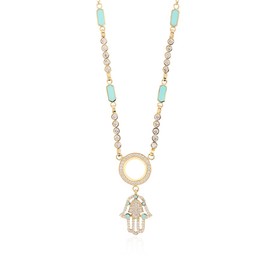 14 Ayar Sarı Altın Fatma Ana Eli Figürlü Mineli Taşlı Kolye