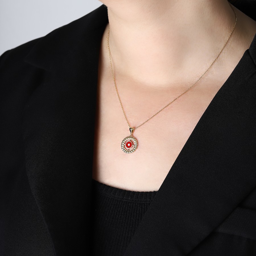 14 Ayar Sarı Altın Kırmızı Mineli Taşlı Kolye