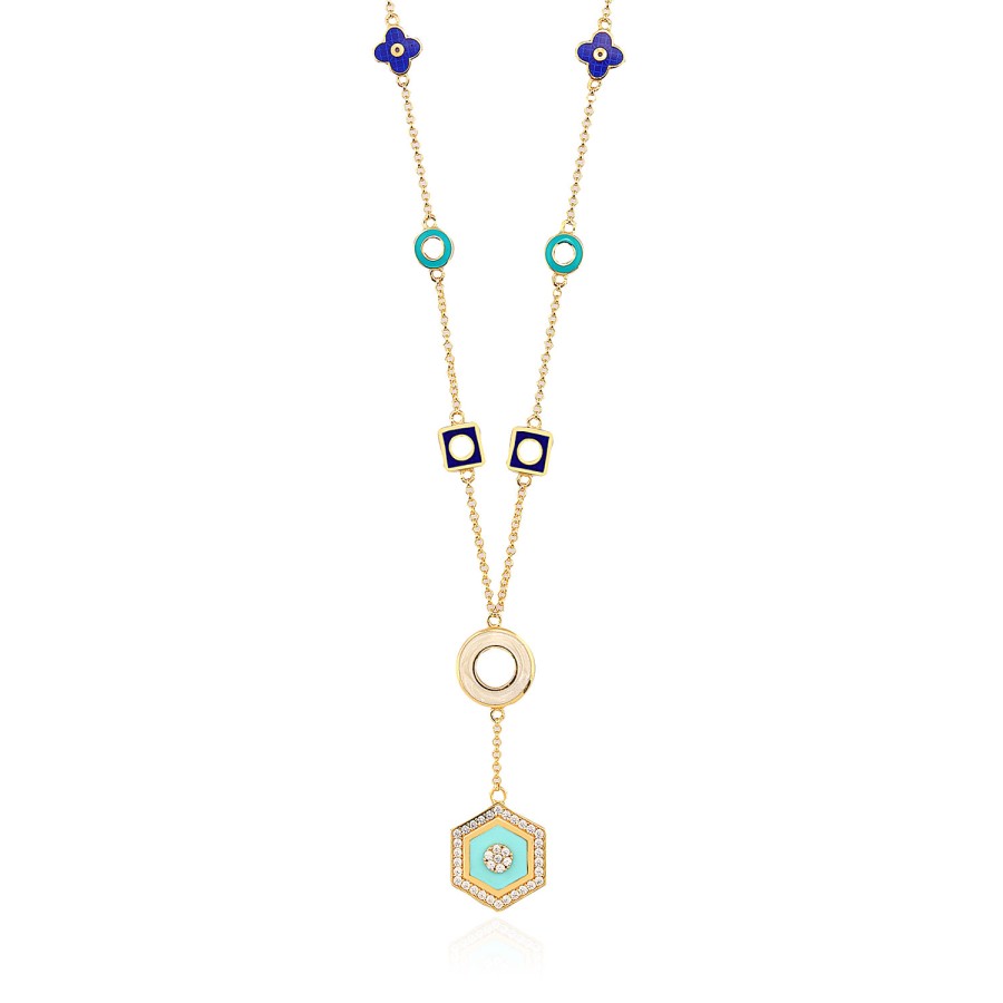 14 Ayar Sarı Altın Çok Renkli Mineli Taşlı Kolye