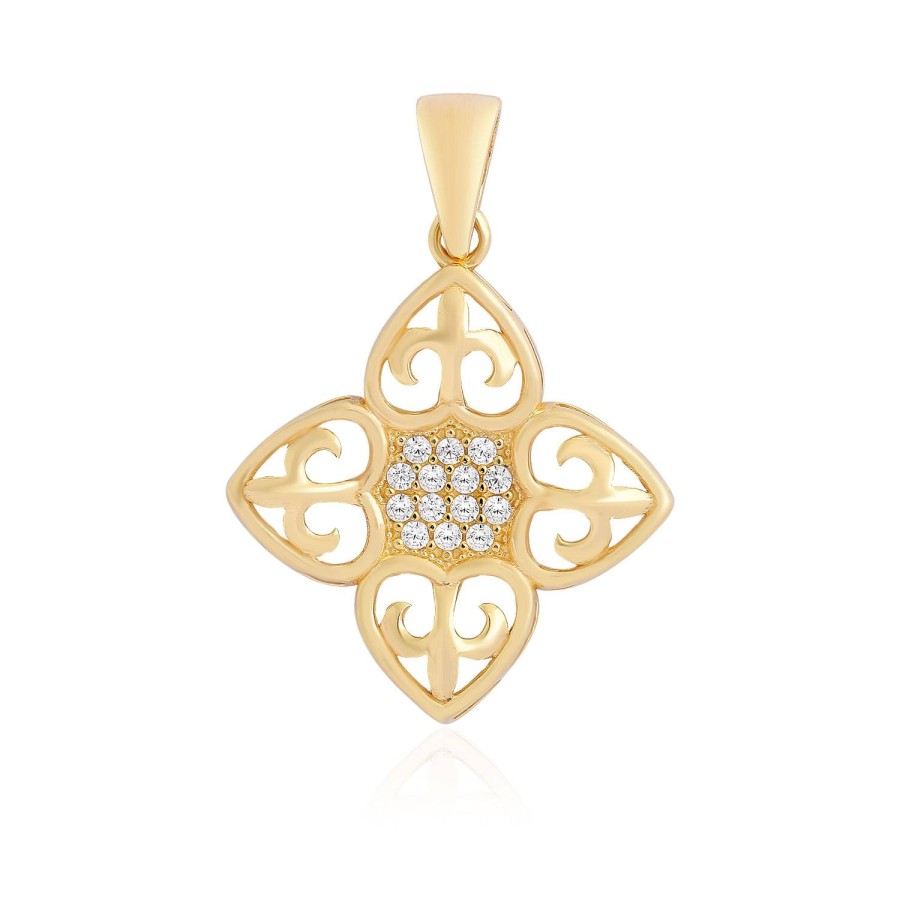 14 Ayar Sarı Altın Çiçek Desenli Taşlı Kolye Ucu