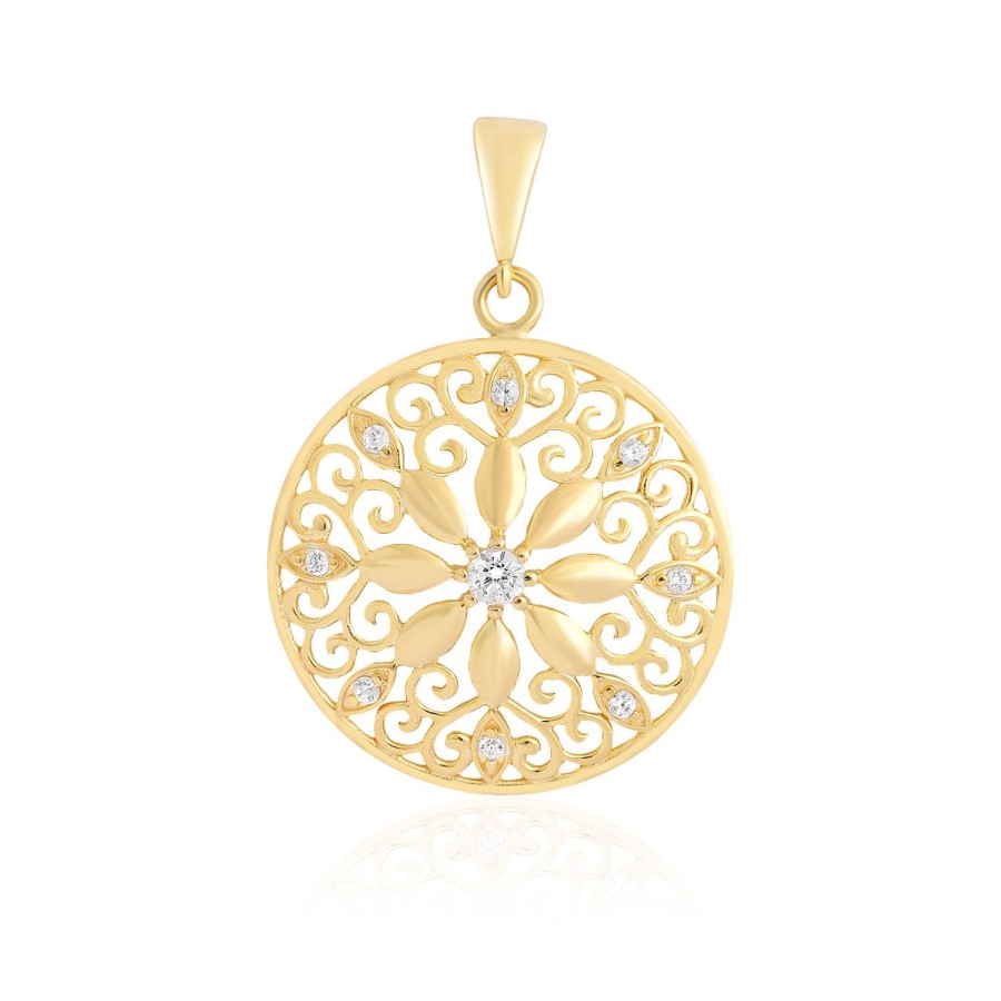 14 Ayar Sarı Altın Yuvarlak Model Çiçek Motifli Taşlı Kolye Ucu