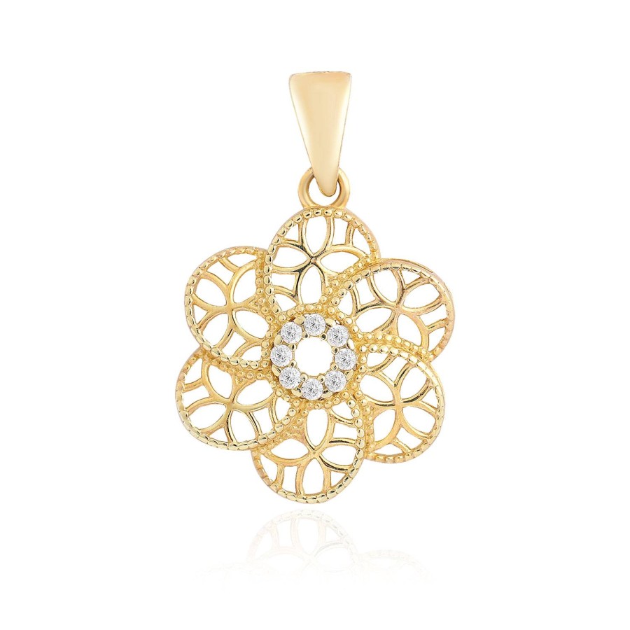 14 Ayar Sarı Altın Çiçek Desenli Taşlı Kolye Ucu