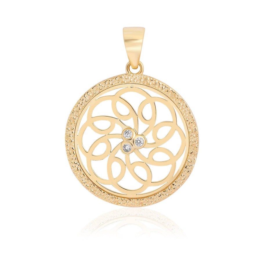 14 Ayar Sarı Altın Çiçek Desenli Taşlı Kolye Ucu