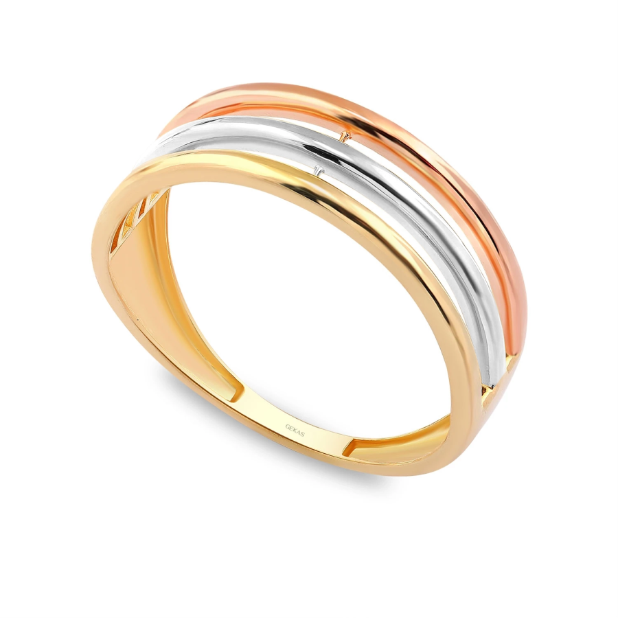 14 Ayar Kırmızı Beyaz Sarı Altın Kaburga Yüzük