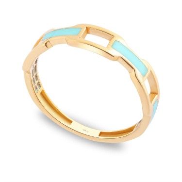 14 Ayar Sarı Altın Zincir Detaylı Mavi Mineli Yüzük