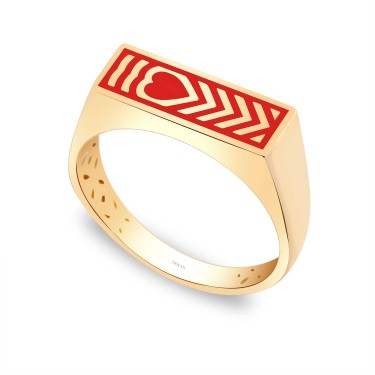14 Ayar Sarı Altın Kalp Detaylı Kırmızı Mineli Yüzük
