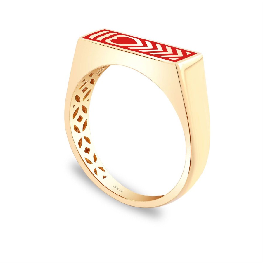 14 Ayar Sarı Altın Kalp Detaylı Kırmızı Mineli Yüzük