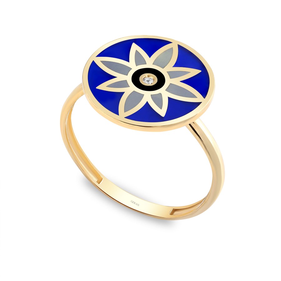 14 Ayar Sarı Altın Çiçek Figürlü  Mineli Taşlı Yüzük