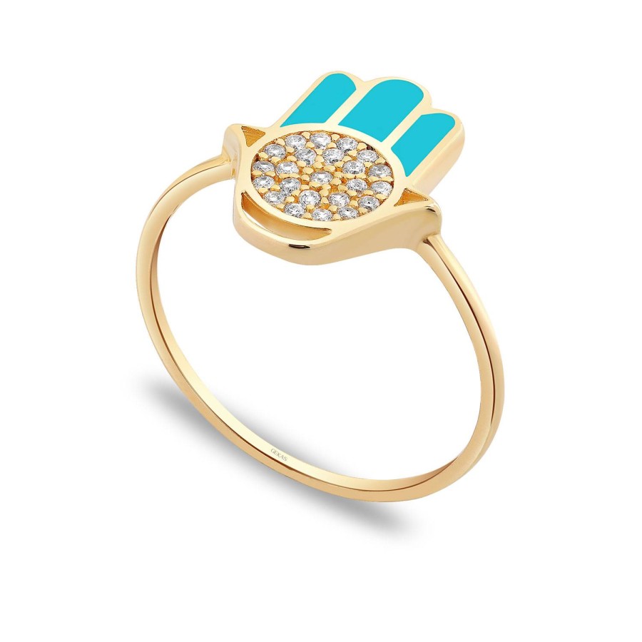 14 Ayar Sarı Altın Fatma Ana Eli Figürlü Turkuaz Mineli Taşlı Yüzük