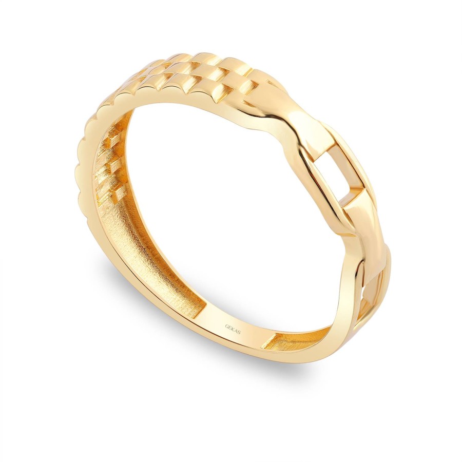 14 Ayar Sarı Altın Zincir Detaylı Taşsız Yüzük