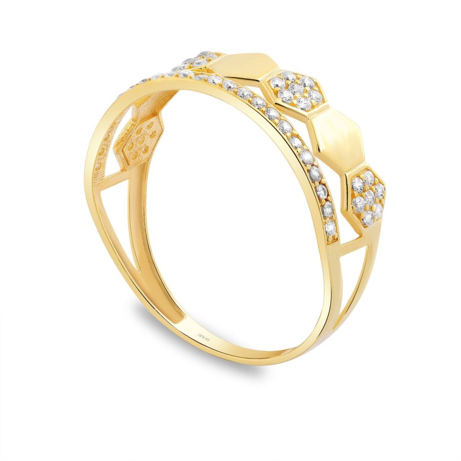 14 Ayar Sarı Altın Altıgen Detaylı Taşlı Yüzük