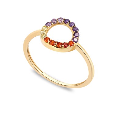 14 Ayar Sarı Altın Yuvarlak Kesim Renkli Taşlı Yüzük