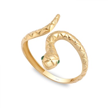 14 Ayar Sarı Altın Yılan Figürlü Yeşil Taşlı Yüzük