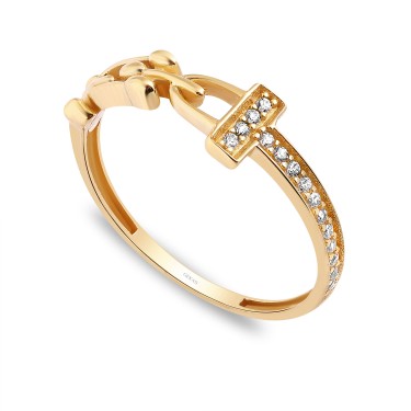 14 Ayar Sarı Altın Halka Detaylı Taşlı Yüzük