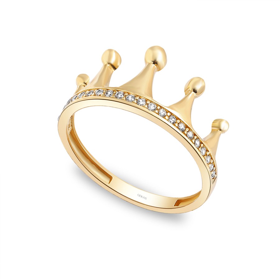 14 Ayar Sarı Altın Kral Tacı Modern Taşlı Yüzük