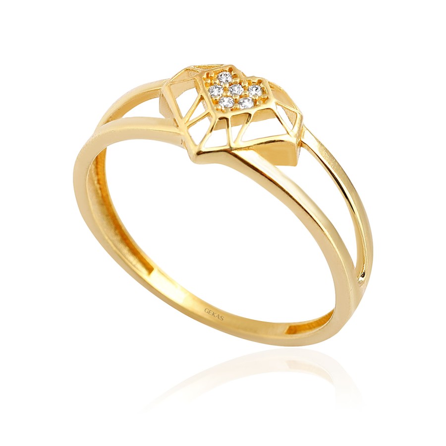 14 Ayar Sarı Altın Kalp Figürlü Taşlı Yüzük