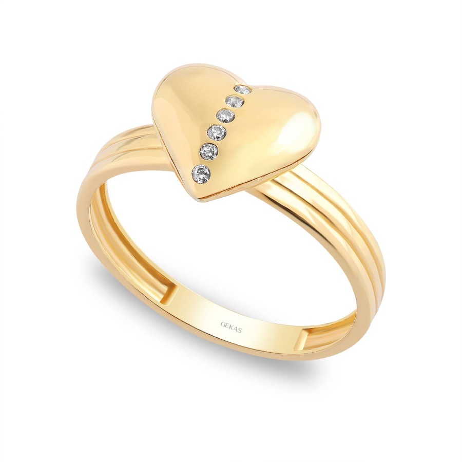 14 Ayar Sarı Altın Kalp Desenli Taşlı Yüzük