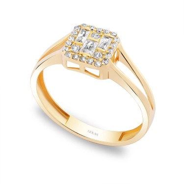 14 Ayar Sarı Altın Baget Taşlı Kare Yüzük