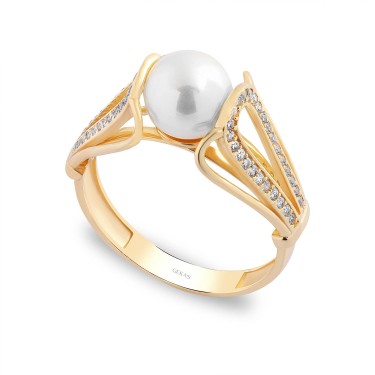 14 Ayar Sarı Altın İnci Taşlı Yüzük