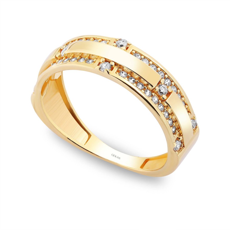 14 Ayar Sarı Altın İki Sıra Taşlı Yüzük