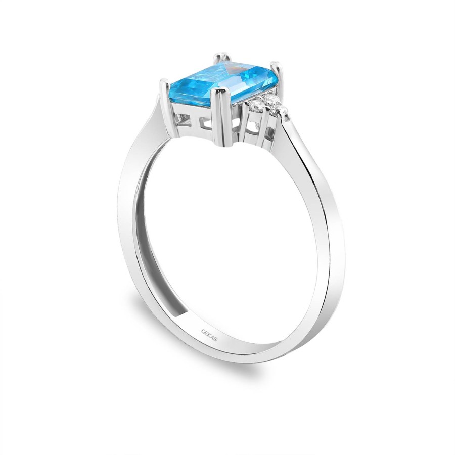 14 Ayar Beyaz Altın Mavi Taşlı Baget Kesim Tektaş Yüzük