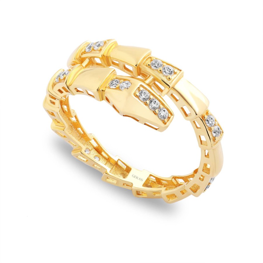 14 Ayar Sarı Altın Yılan Desenli Taşlı Yüzük