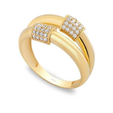 14 Ayar Sarı Altın Silindir Üzeri Taşlı Yüzük