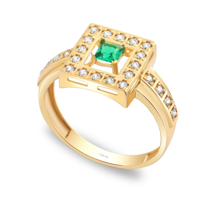 14 Ayar Sarı Altın Yeşil Taşlı Yüzük