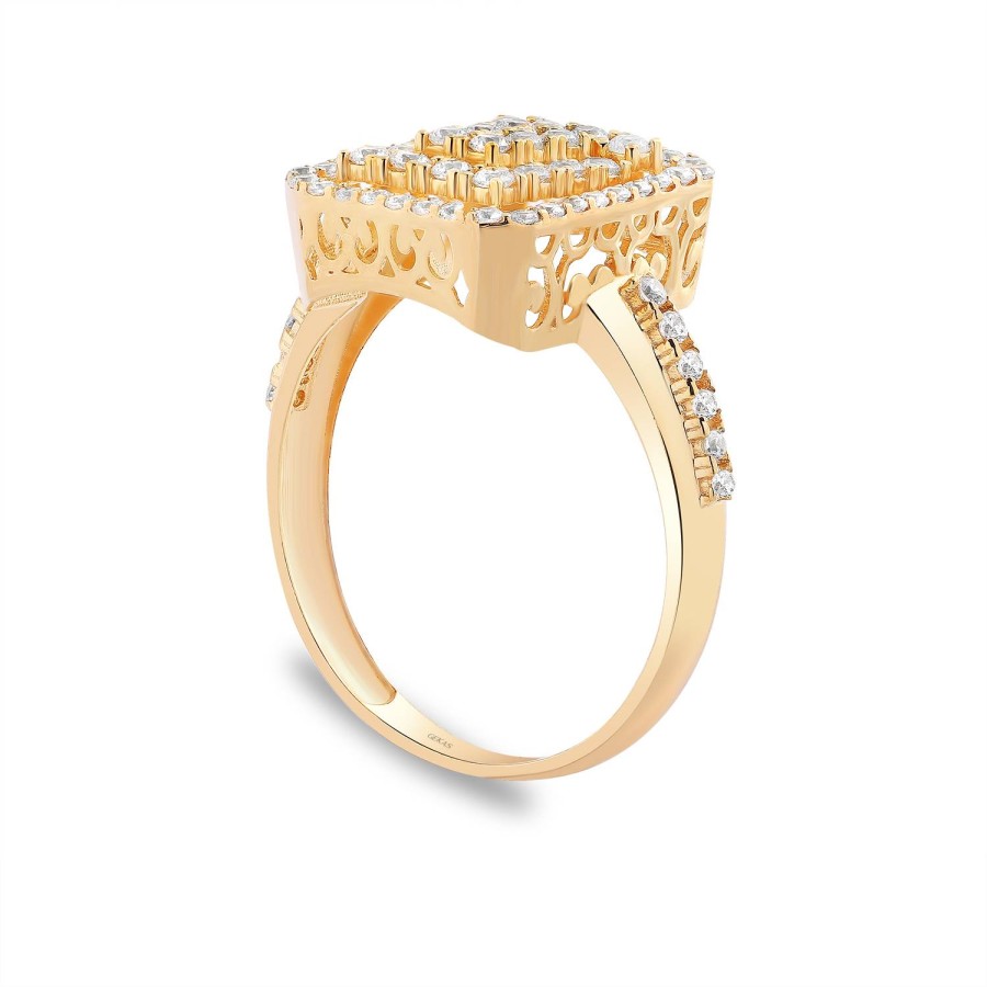 14 Ayar Sarı Altın Baget Tarzı Yanları Taşlı Yüzük