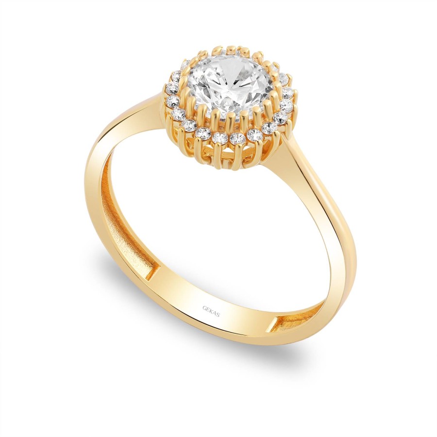 14 Ayar Sarı Altın Etrafı Taşlı Tektaş Yüzük