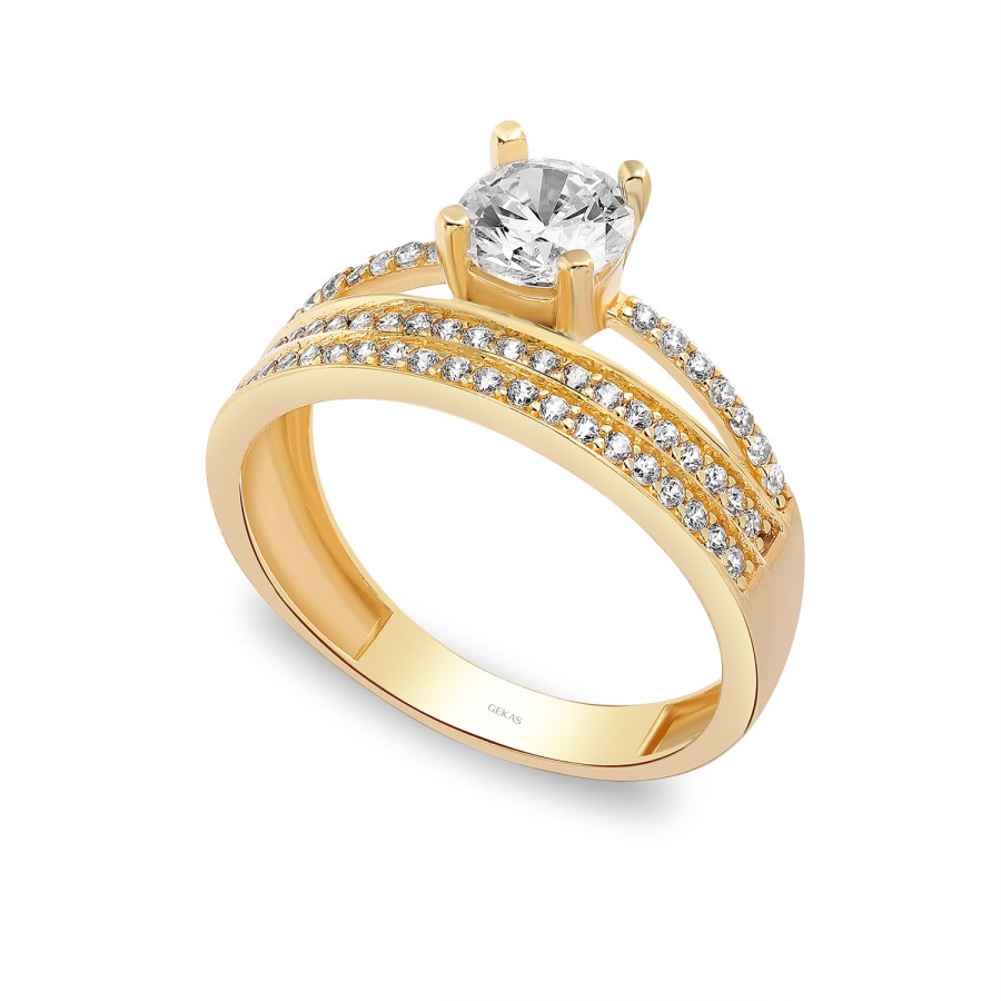 14 Ayar Sarı Altın Twin Model Sıralı Taşlı Yüzük