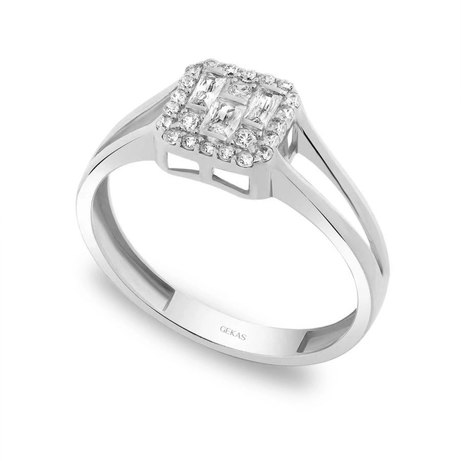 14 Ayar Beyaz Altın Baget Taşlı Yüzük