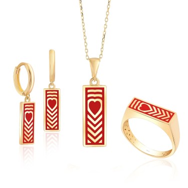 14 Ayar Sarı Altın Kalp Figürlü Kırmızı Mineli Set
